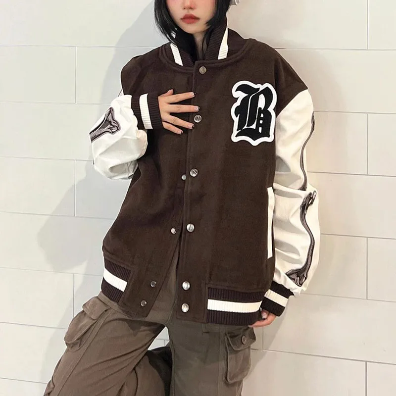 

2024 New Spring Bomber Jacket Women Long Sleeve Loose Baseball Jacket Female Vintage Fashion Embroidery Coats For Women