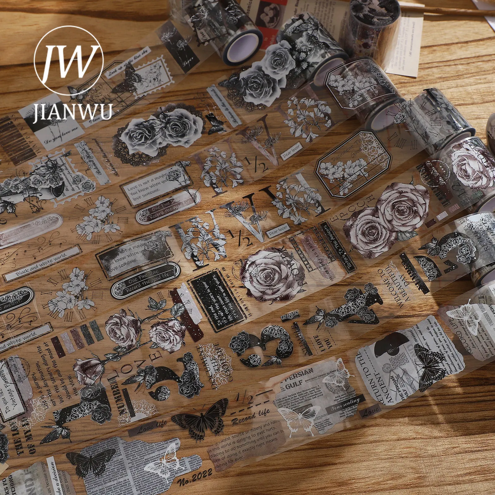 

JIANWU 500cm/600cm/Roll Long Cycle Ledger Tape Vintage Character Flower Crystal White Ink PET Tape Creative DIY Decor Stationery