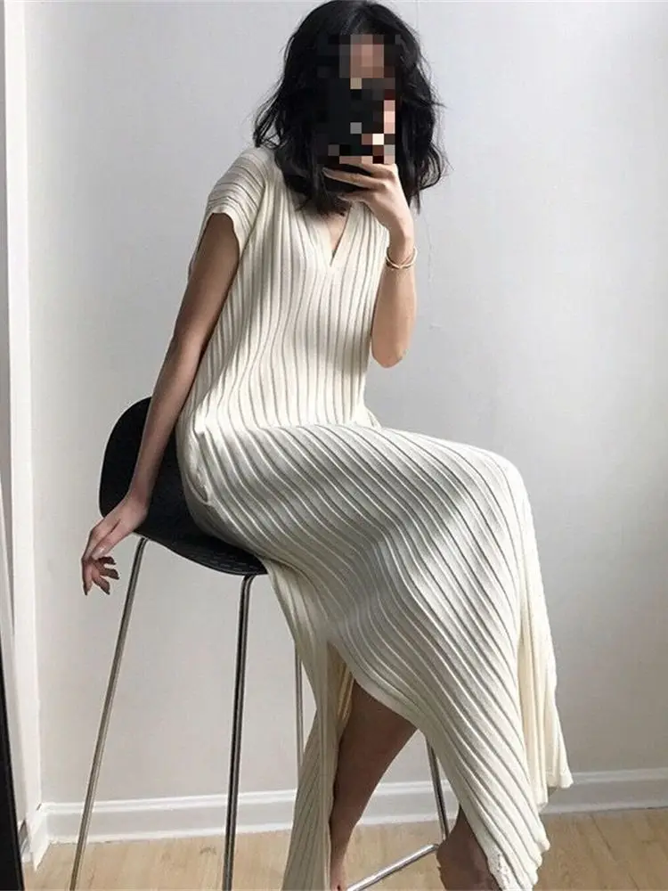 Vestido Acanalado De Manga Corta Nautica Para Mujer - Cuello En V, Ideal Para Día O Noche