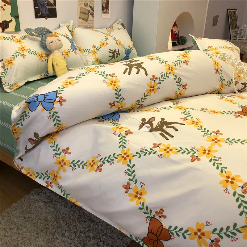 

Kids Bed Linen Set Duvet Quilt Cover Pillowcase Flat Bed Sheets Ins Style Queen Full King Bed Flowers Solid Color Bedding Sets