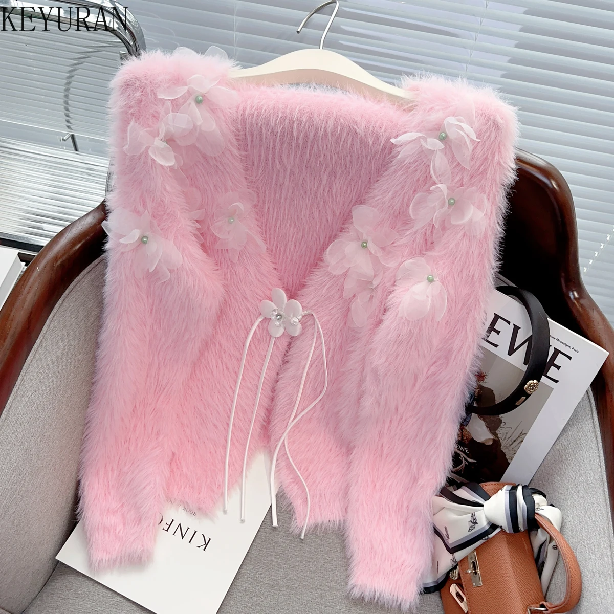 

Sweet Three-dimensional Flower Beading Mink Cashmere Sweater Coat women 2023 Autumn Winter Thick Pink Knitted Cardigan Feminino