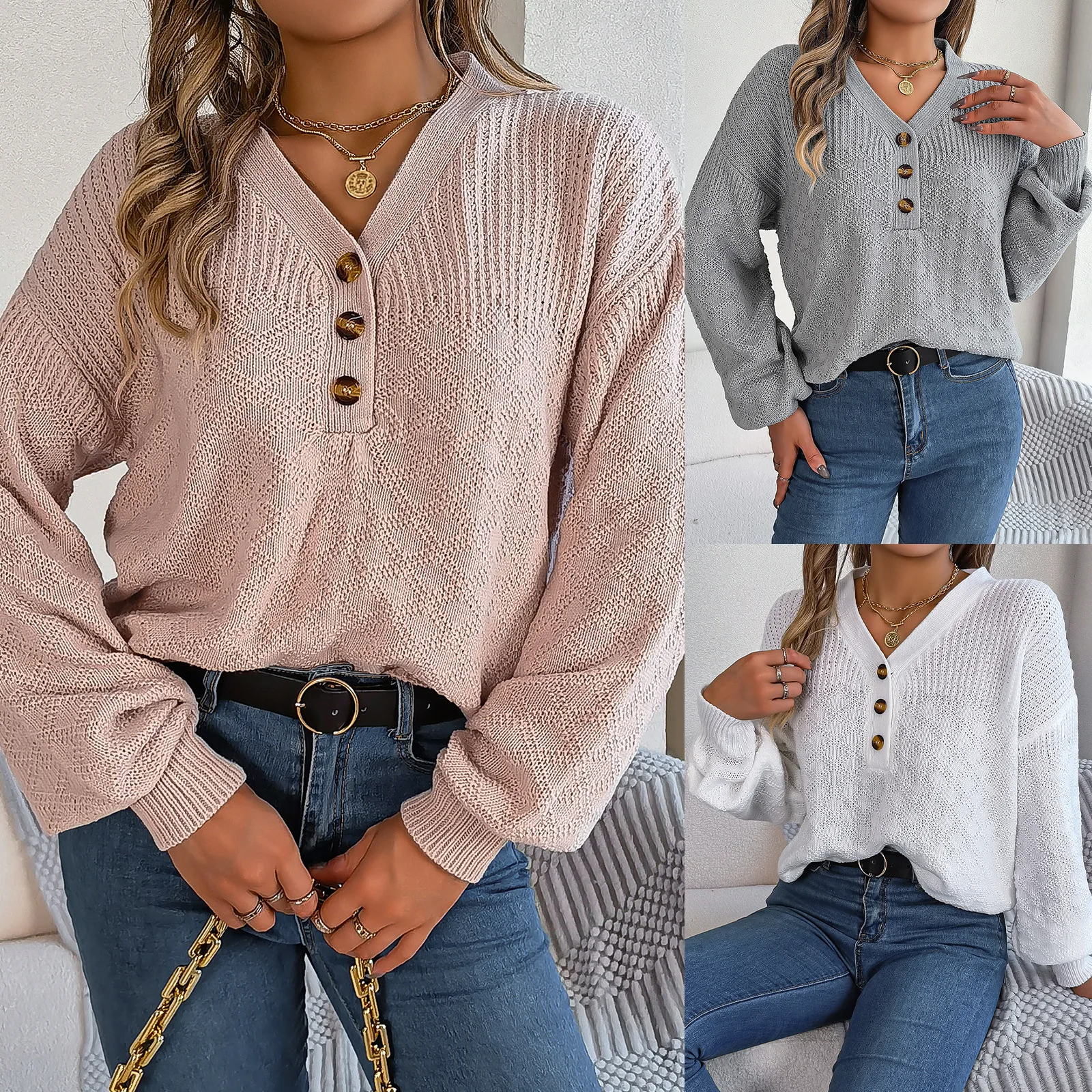 

Women's Casual Sweater TopsLoose V-neck Button Lantern Sleeve Pullover Sweater