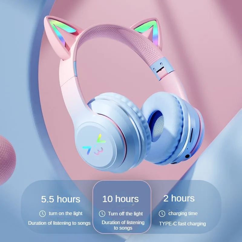 

Gradient Cat Ear Bluetooth Earphones Wireless Headband Music Esports Sports Bluetooth Earphones Foldable Active Noise Reduction