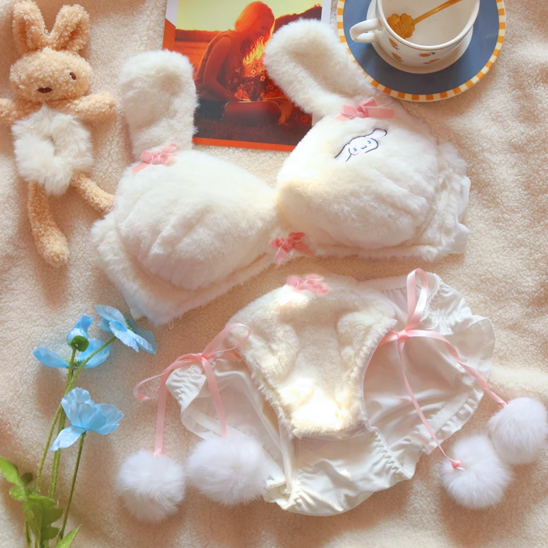 Kawaii Cinnamoroll Underwear Set Japanese Winter Cartoon Plush Student Bra  Cute Girl Cat Paw Underwear Set