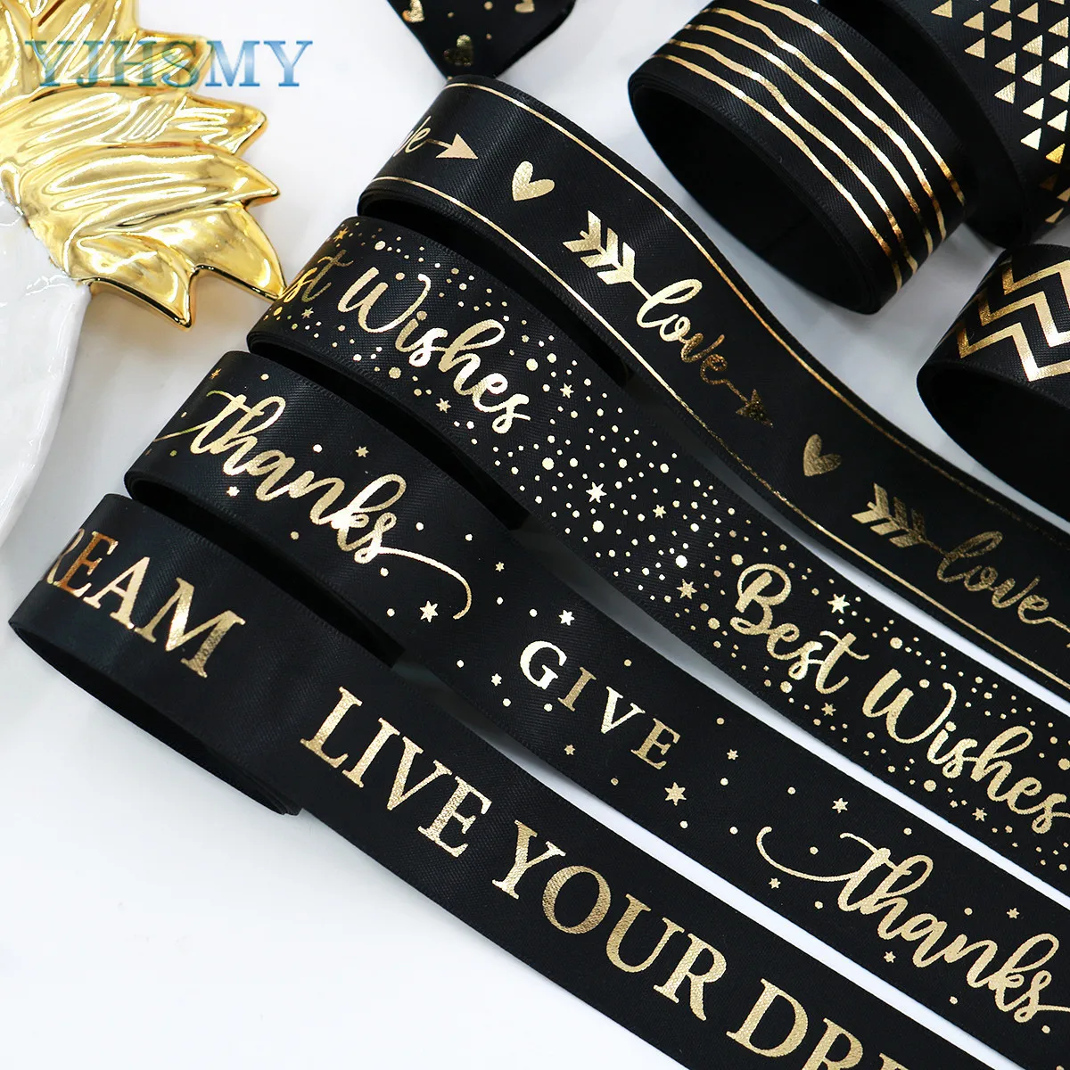 Gold Foil Black Satin Ribbon for Gift Wrapping for Crafts, Hair