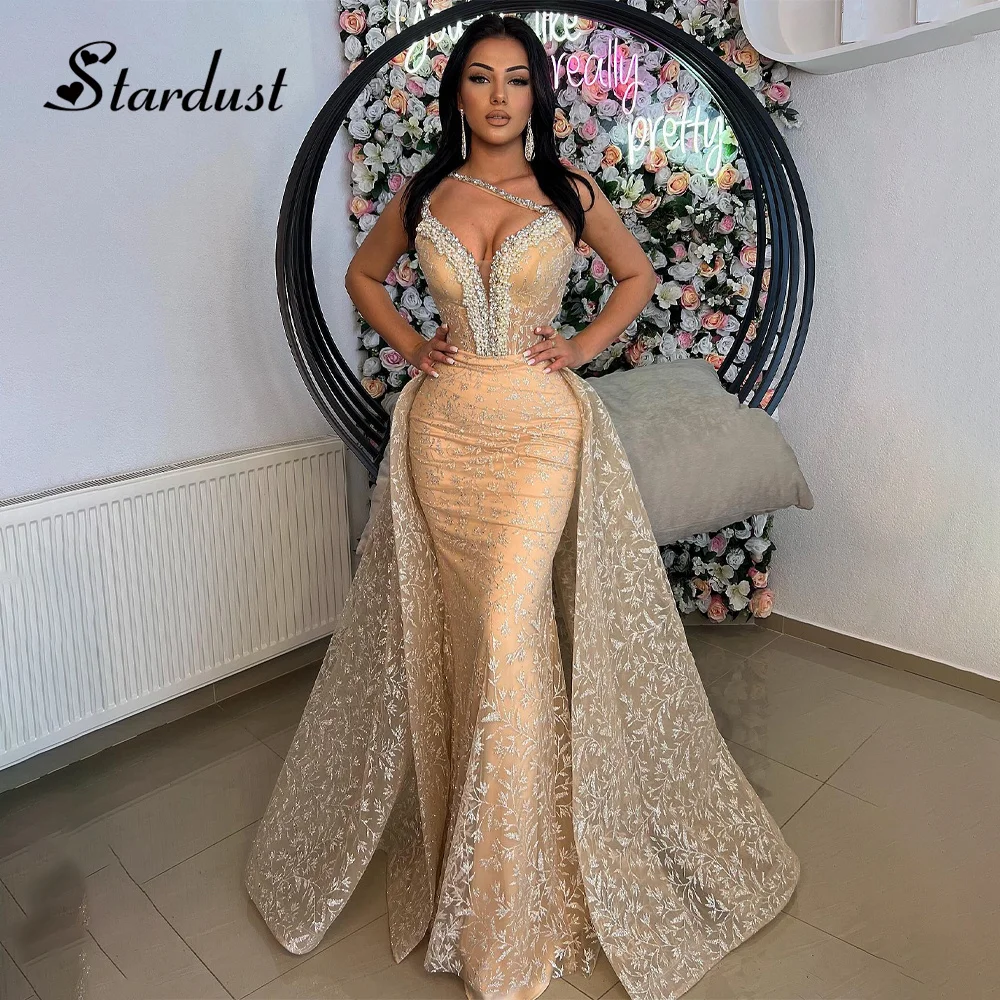 

Stardust Charming Mermaid Evening Dresses Asymmetric Bustier Pearls Floral Print Detachable Train Vestidos de Fiesta Custom Made