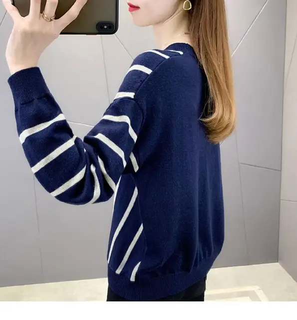 Maglione Donna Righe A Blocchi - Scollo A V, Largo, Autunno/Inverno, Morbido Ed Elegante - Foto 4