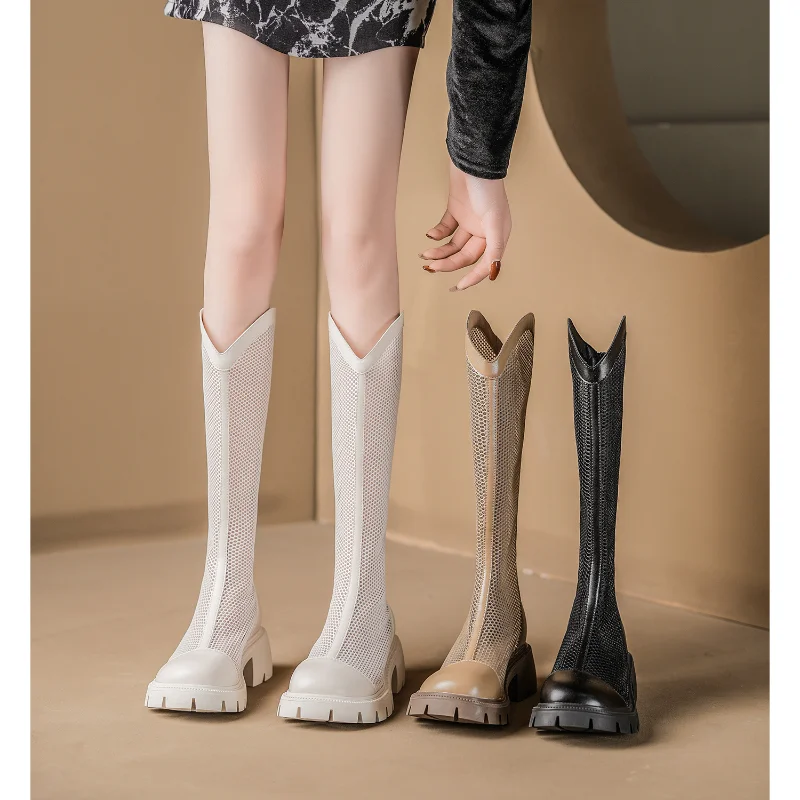 Summer Boots Women Chunky Heel Knee-length Platform Woman Female Round Toe Zipper Sandals Mesh Ladies Fashion Comfort Shoes