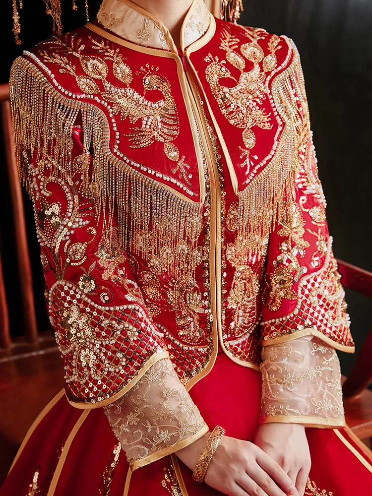 

Костюм невесты, Восточная потрясающая одежда, винтажное свадебное платье с кисточками и вышивкой, Чонсам в китайском стиле для брака