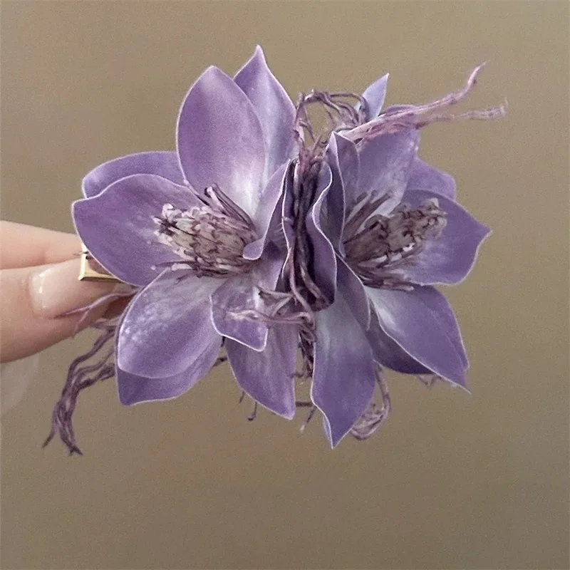 Damen-Haarspangen mit Blumenmuster, sanfte Taropaste, lila, superfeenhafte Blume, langes Band, Haarnadel, süßer Waldstil, süßes Kopf-Accessoire – Detail 9