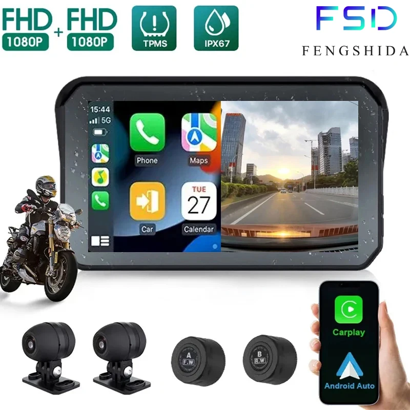 5 Pollici Moto Wireless Android Auto Carplay Impermeabile 1080P Wifi Dvr Monitor Dash Cam Navigazione Gps Tpms