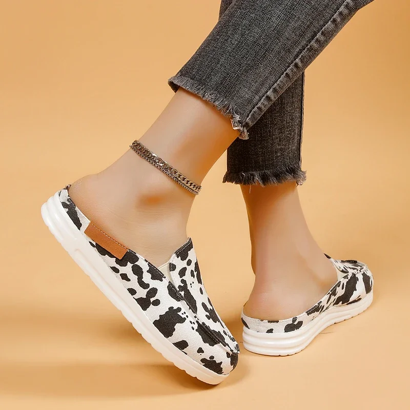Woman Loafers Black White Cow Print Canvas Mule  Fashion Slip-on Leopard Sneakers Ladies Casual Flat Sport Slippers Plus Size 6