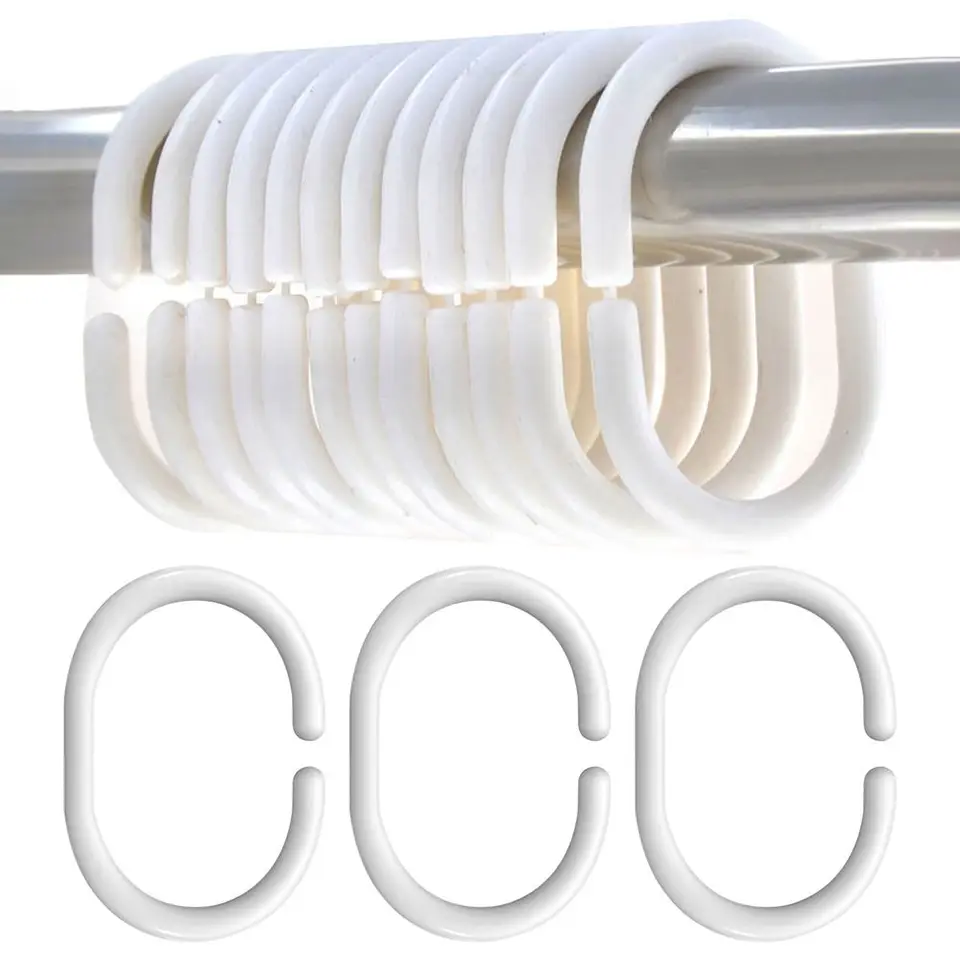 12 Crochets Rideau Douche Forme C - Anneaux Plastique Blanc Pour Tringle