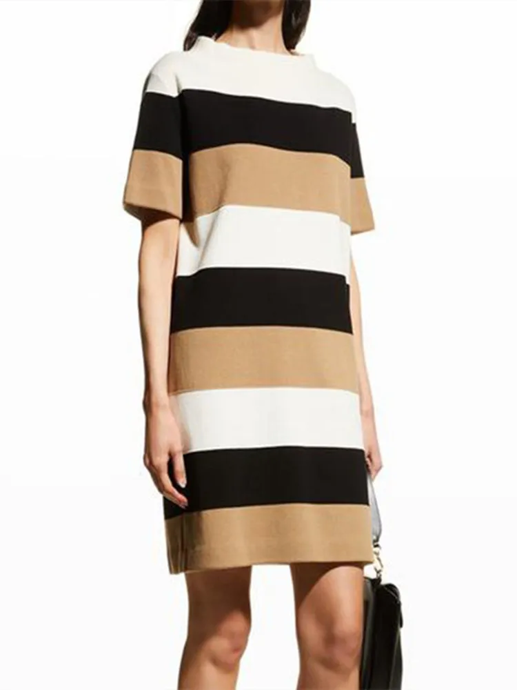 

2022 Summer Women O-Neck Stripes Knit Dress Straight Loose Short Sleeve Female Mini Robe