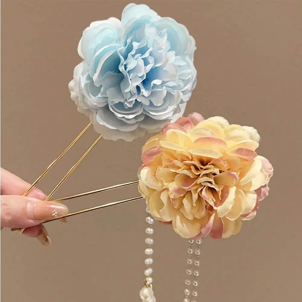 Peonies Simulation Flower Hair Stick Chinese Style Rose Pearls Pendant Hairpin Hanfu Headwear Hair Chopstick Tassel Hair Clip