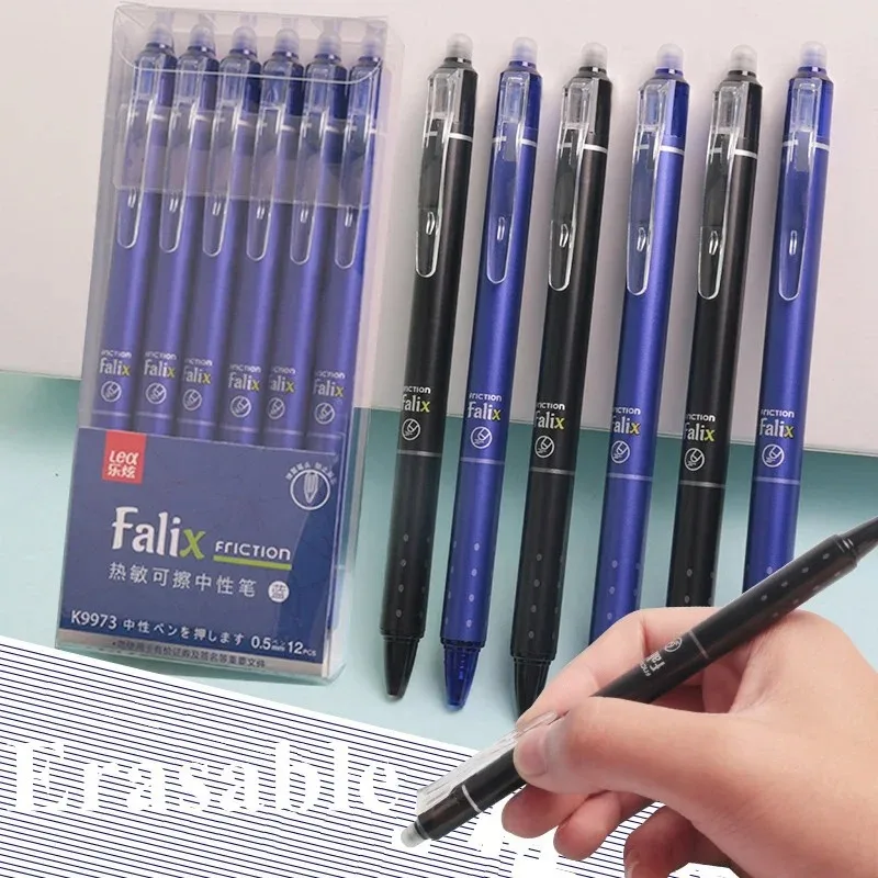 0.5mm 개폐식 지울 수 있는 젤 펜 세트(리필 포함) 검정색 파란색 젤 잉크 내장형 지우개 사무용품 시험 문구 키트