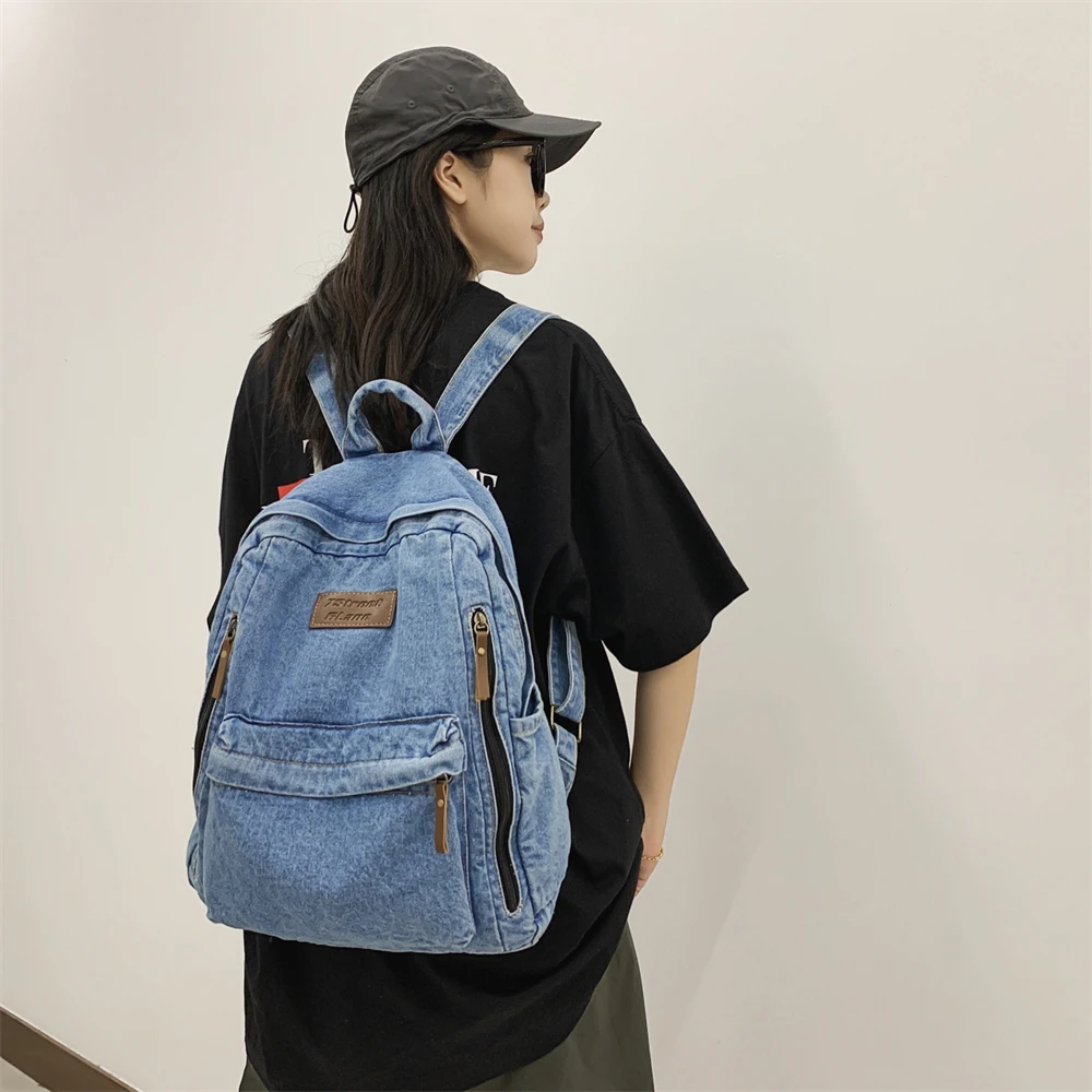 Denim school backpack view 8