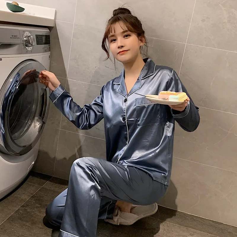 Plus Size 5XL Women's Pajamas Set Satin Silk Sleepwear Turn-down Collar 2 Pieces Pijima Casual Soft Loungewear Home Clothes