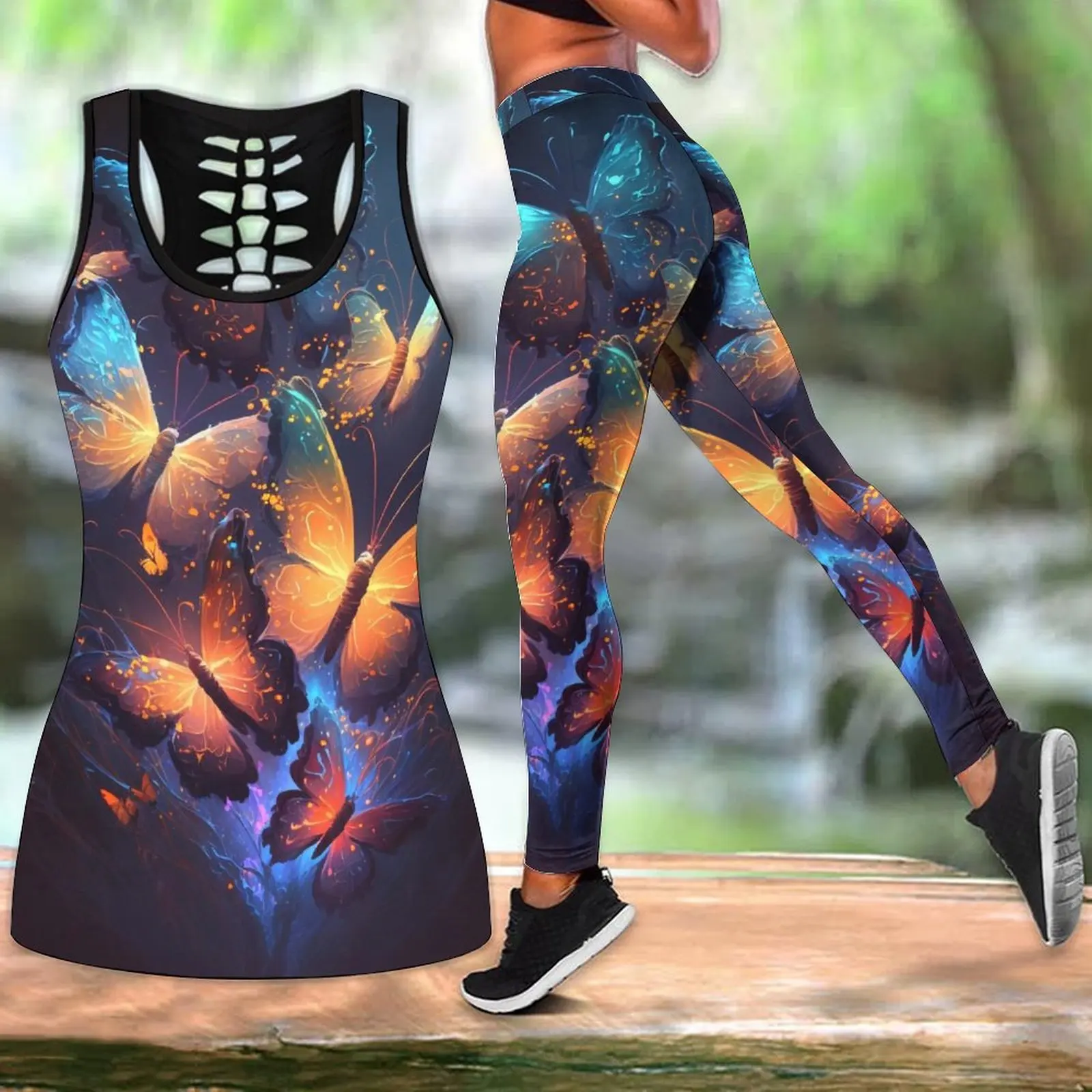 

Women's Summer Fashion Glowing Aurora Butterflies Print Sportswear Yoga Set
