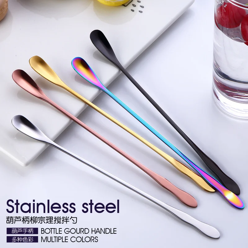 100pcs Stainless Steel Long Handle Ice Spoon Mixing Spoon Gourd Handle Tableware Creative Coffee