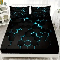 Blue 3D Hexagonal Honeycomb Geometry Print Fitted Sheet Set Column Mosaic Art Neon Mattress Covers Bedding Set With Deep Pocket 6