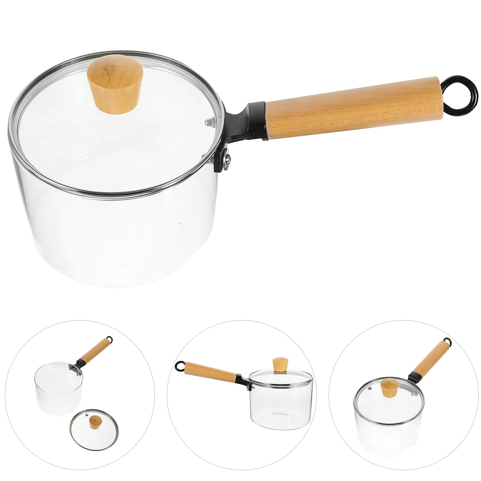 

Glass with Wooden Handle Salad Cooking Pot Milk Butter Warmer Pot