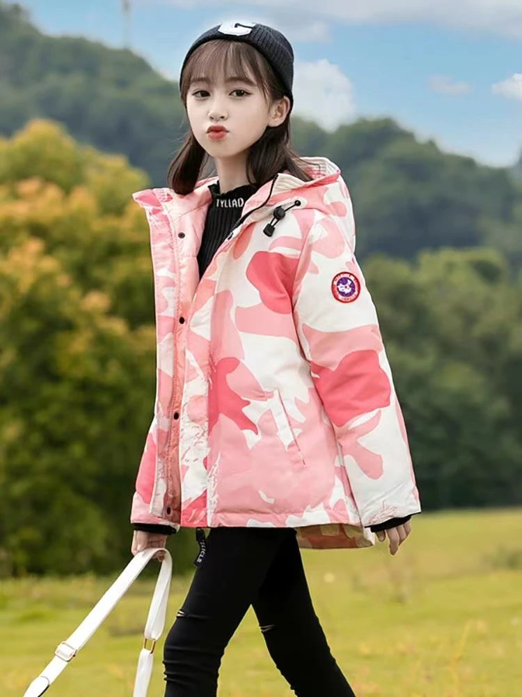 

Junior Boys Camo Thicken Down Filled Puffer Coat Girls Hooded Warm Jacket Outerwear Winter Clothes White Duck Down Parka