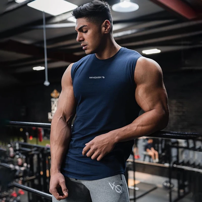 

Summer cotton men's top Wide shoulder casual men's vest Jogger round neck sleeveless fitness workout activewear