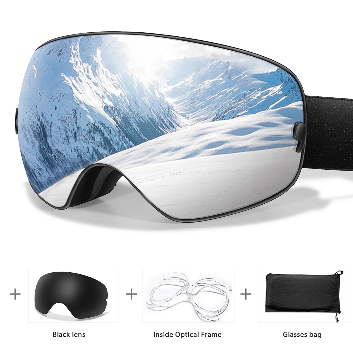 Ourdoor Sports Teen Men Women Ski Goggles Anti-fog UV400 Eyewear Christmas and New Year Gift Free Black Lens and Optical Frame