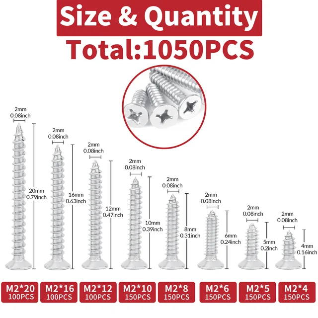 1050 Viti M2 Per Legno E Cartongesso - Set Mix Misure Con Testa A Croce - Foto 14