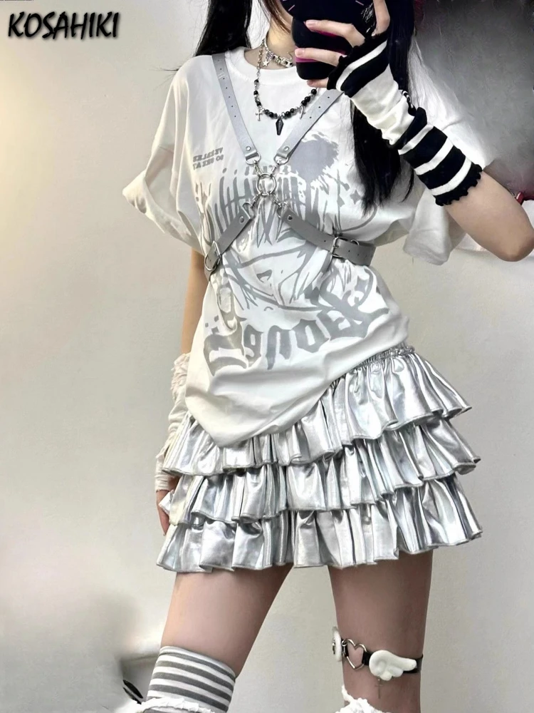 Y2k Aesthetic Silver Women Ruffled Skirts Harajuku Ball Gown High Waist Streetwear Mini Skirt Spring Sweet Vintage Cake Faldas 1