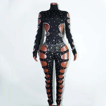 rhinestHollow Out Sexy Black Women Bodysuit pants Sets Long Sleeve Turtleneck Bodysuits Clubwear Costumes Stars Hot Singer Stage 1