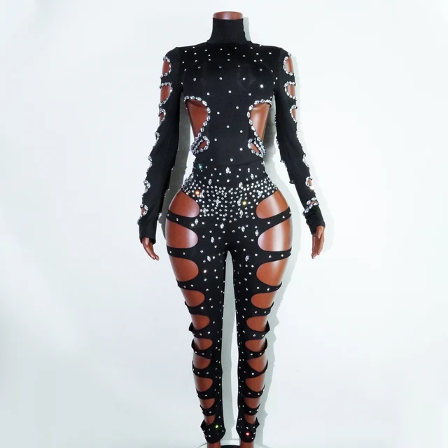 rhinestHollow Out Sexy Black Women Bodysuit pants Sets Long Sleeve Turtleneck Bodysuits Clubwear Costumes Stars Hot Singer Stage