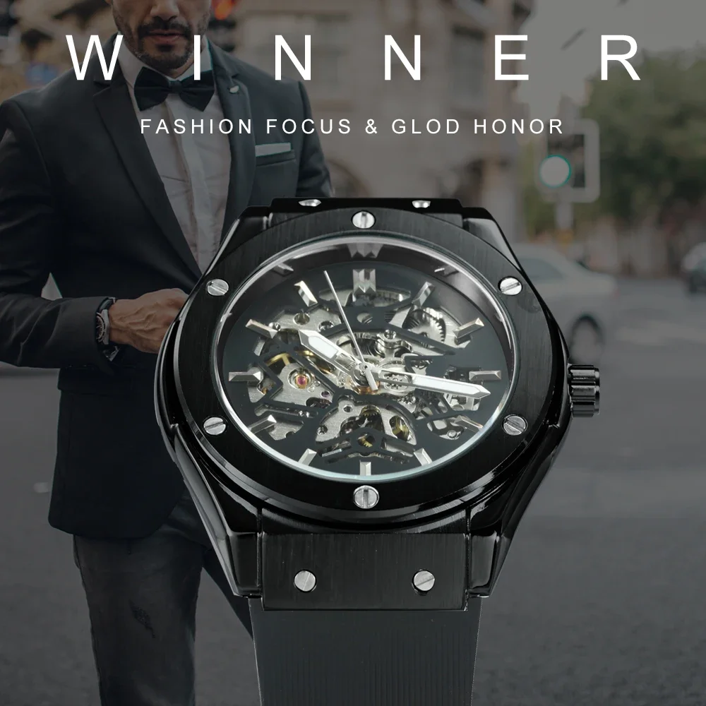 WINNER Automatic Mechanical Watch for Men Rubber Strap Skeleton Dial Male Clock Military Sports Style Wristwatch Dropshipping