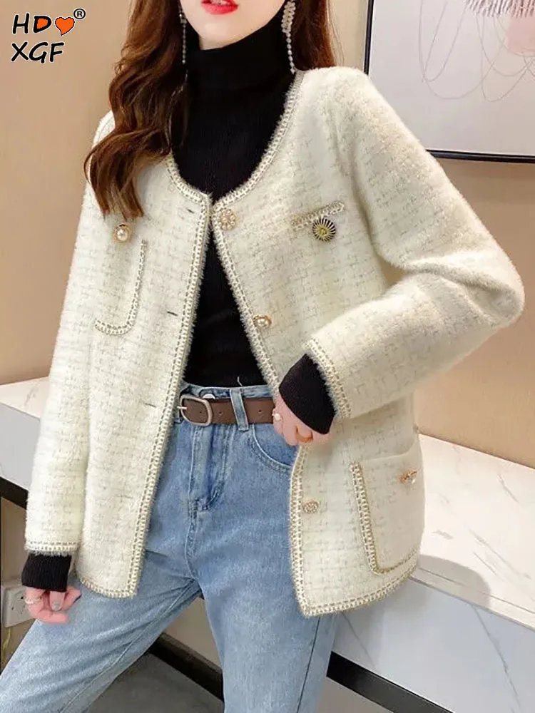 

Imitation Mink Cashmere Leisure Sweater Jacket Women Autumn Winter Vintage Plaid Button Pocket Coats Elegant Luxury Knitted Tops