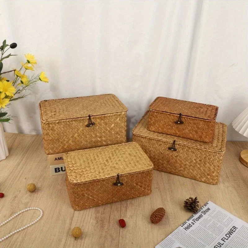 1PC Handmade Woven Storage Basket, Creative Retro Home Covered Storage Box, Gift Organizer Box Storage Organizers