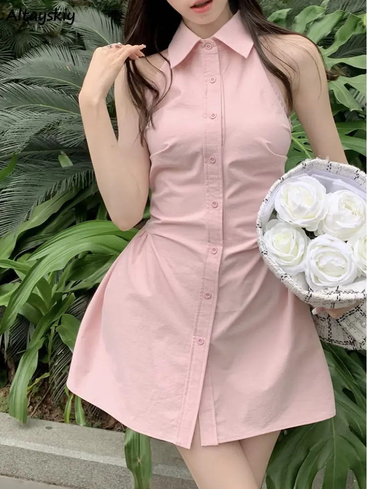 

Dresses Women Sleeveless Chic Mini Hotsweet Folds Design Preppy Style Unique Summer Fashion Korean Casual Defined Waist Elegant