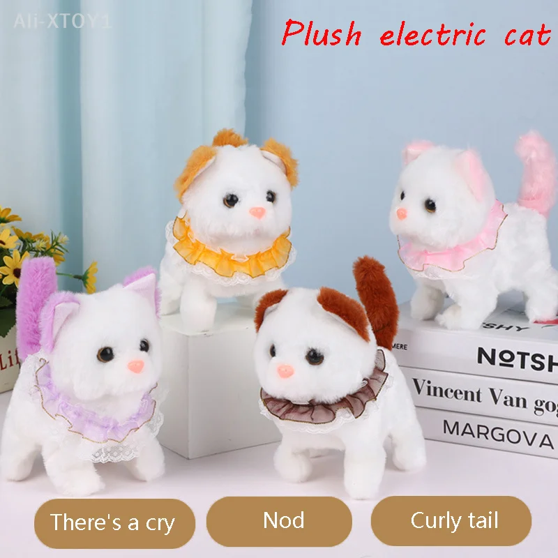 Cute Simulated Collar Lace Kitten Plush Toy Electronic Stuffed Doll Toy Walking Tail Wagging Head Shaking For Kids Birthday Gift
