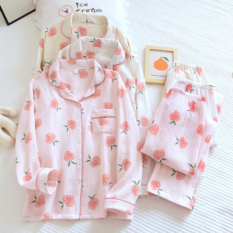

3 Colors Spring Pajamas Women 100% Cotton Crepe Peach Print Homewear Set Simple Fresh Two Piece Female Home Suits