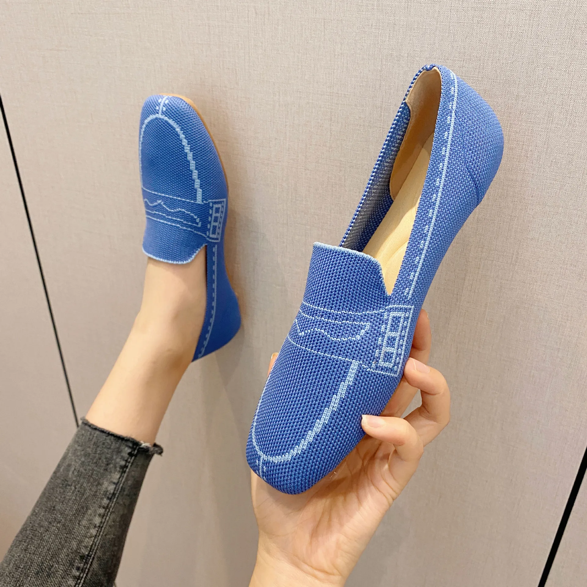 Loafers Office Flats Women Casual Shoes Mesh Breathable Square Toe Comfort Stretch Fabric Knit Ballet Slip Size 35-40 5