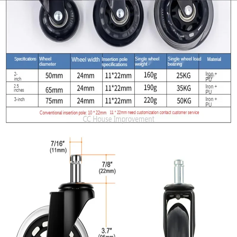 1 Stuks Kantoorstoel Zwenkwielen 2.5/3 Inch Draaibare Rubberen Zwenkwielen Vervanging Zachte Veilige Rollers Meubelhardware