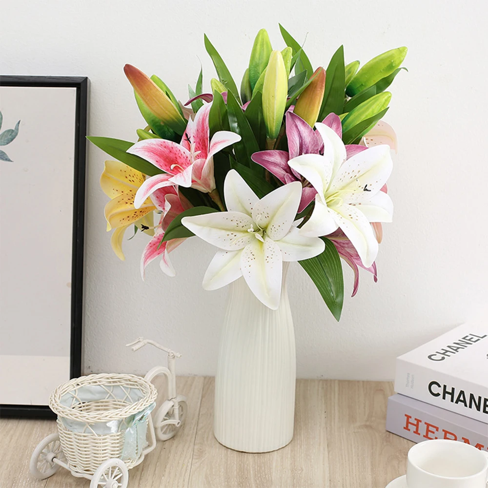 3D printing Lily branch real looking Artificial Flowers white fake Flowers flores for Wedding Home Garden Decoration