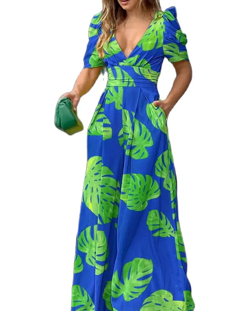 Elegant Female Social Jumpsuit Women's Sexy Deep V-neck Wide Leg Jumpsuits For Women 2023Shrugged Pocket High Waist Slim Fit