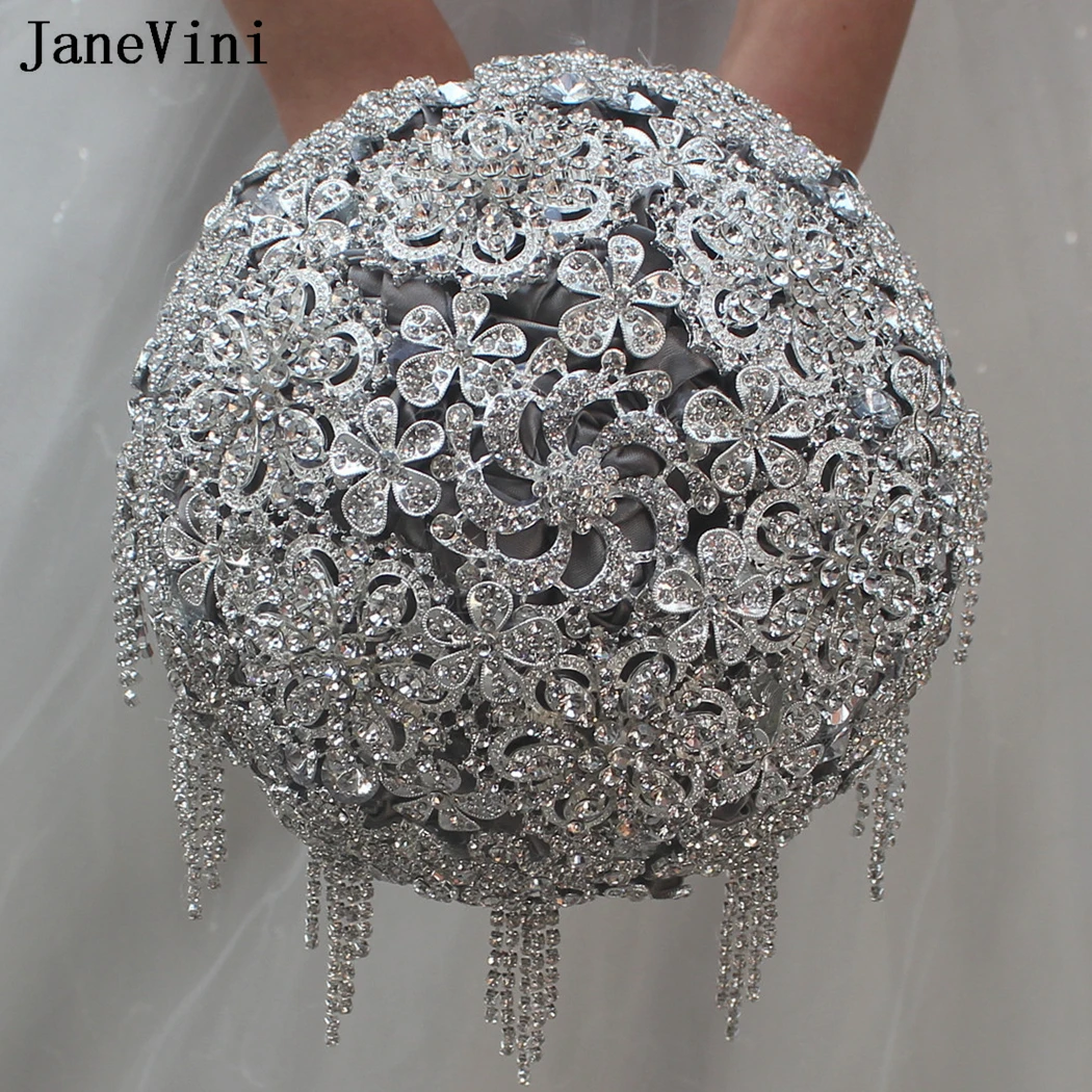 

JaneVini Sparkly Gray Wedding Bouquet Flowers with Silver Jewelry Beaded Crystal Tassel Satin Luxury Bridal Hand Bouquets 2023