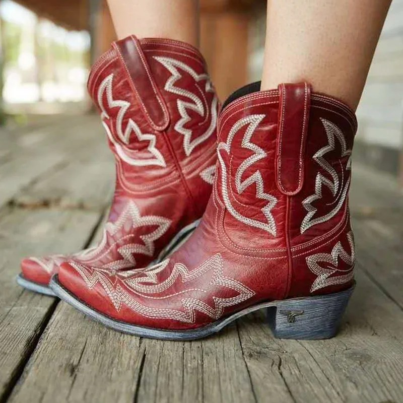 2023 Classic Embroidered Western Cowboy Boots for Women Pu Cowgirl Boots Low Heel Shoes Knee High Woman Ankle Boots Cowboy Botas