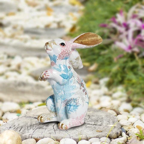 

Adorable Bunny Figurines Painted Resin Rabbit Sculpture Room Decorative Art Ornaments Home Easter Decoration Gift Jade Statue