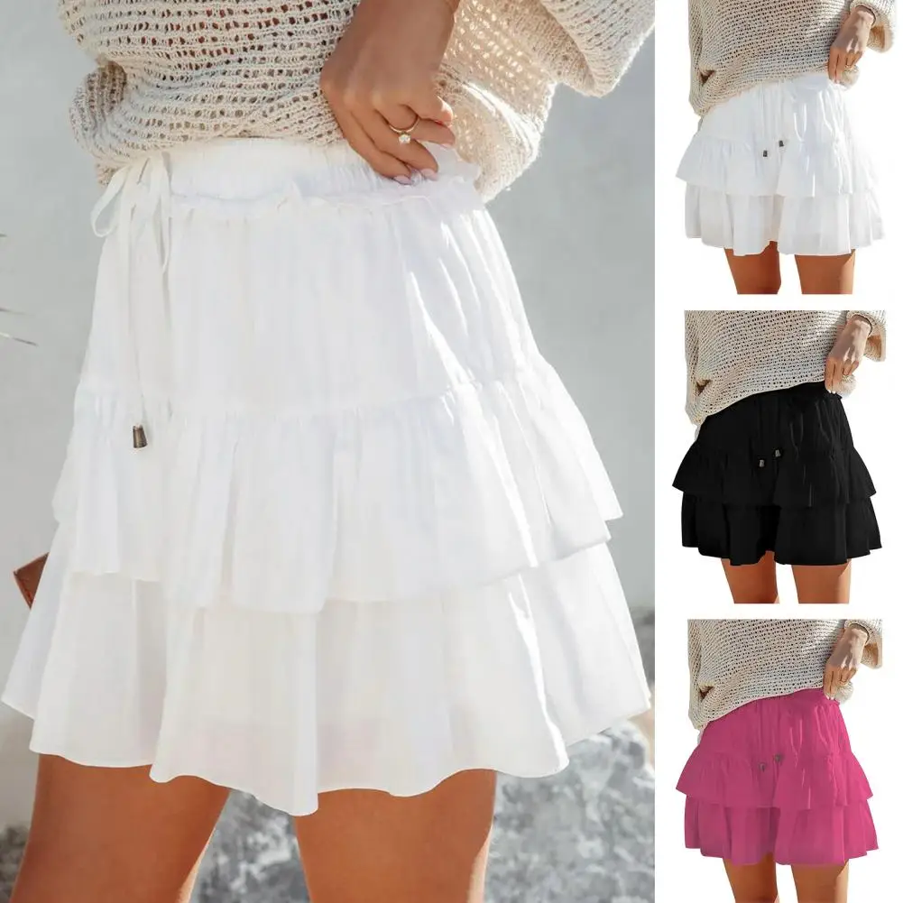Pleated A-Line Skirt Women White Ruffle Sweet Tierred Pretty Style Skirt Elastic Waist Summer Slim Basic Korean Harajuku Dress