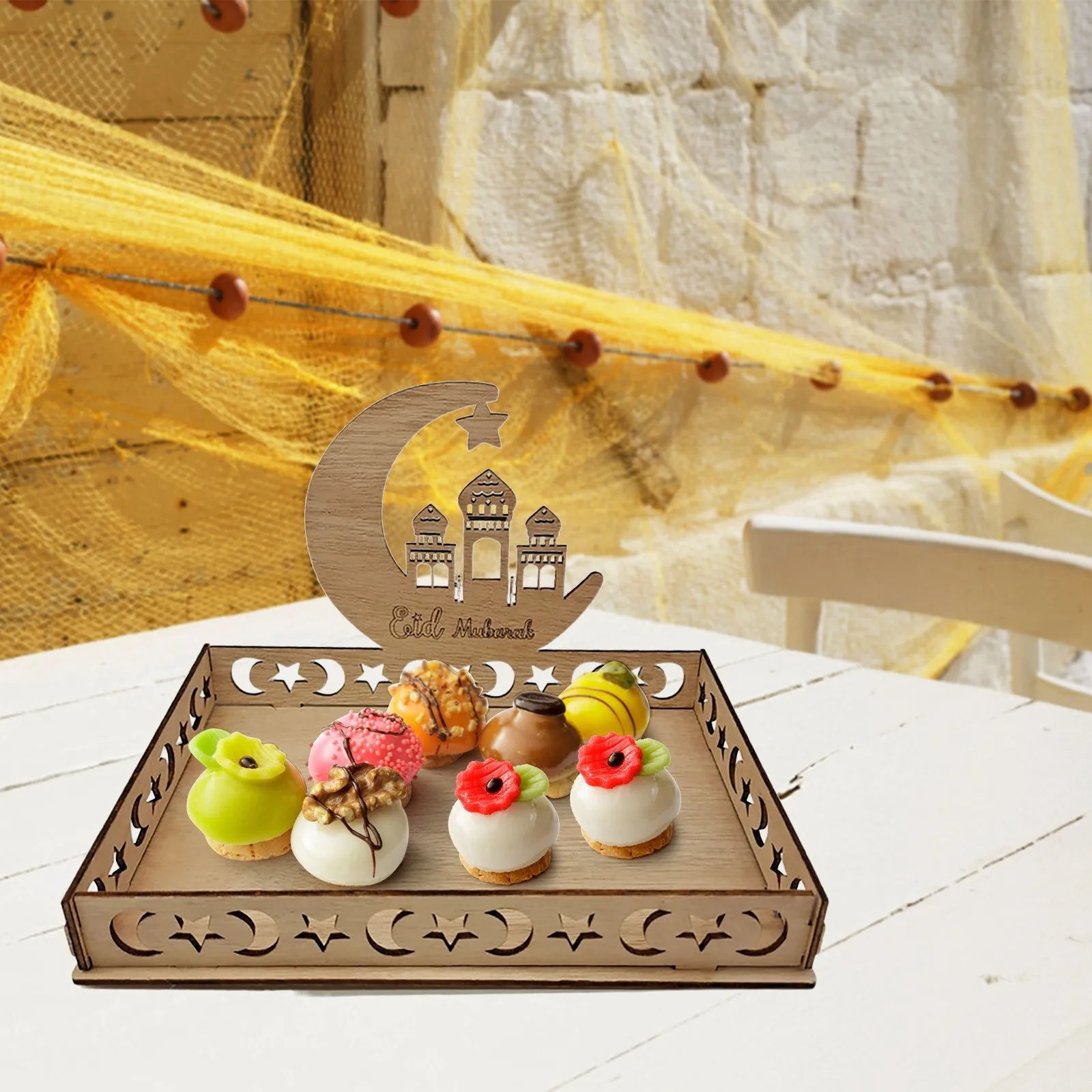 

Hot Sale EID Mubarak Wooden Tray Moon Temple Food Holder For Islamic Muslim Table Decoration Ramadan Party Candy Food Supplies