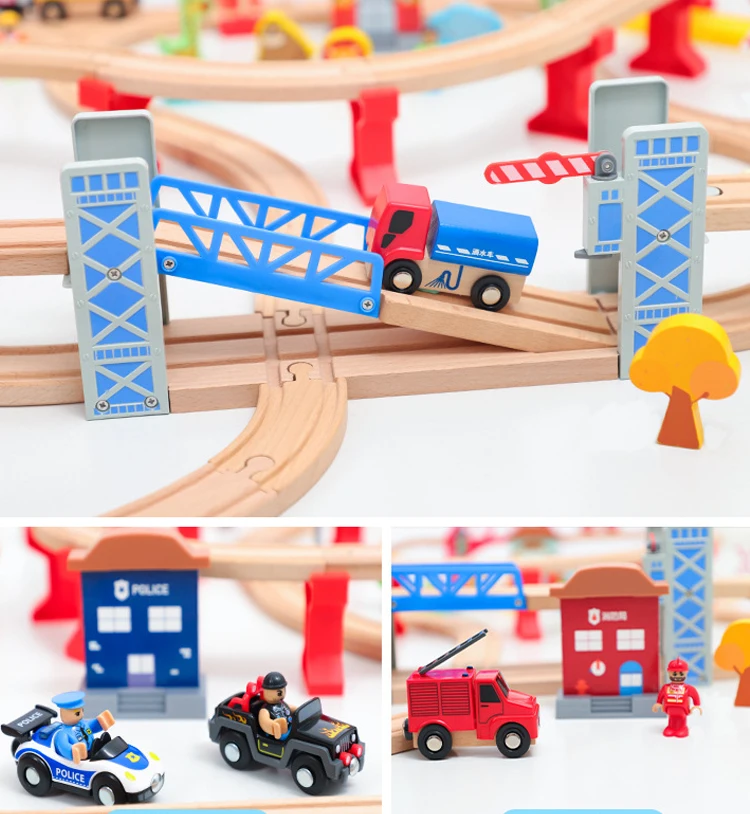ORBRIUM Ensemble de trains en bois 100 pcs Trains magnétiques à triple boucle avec voies en