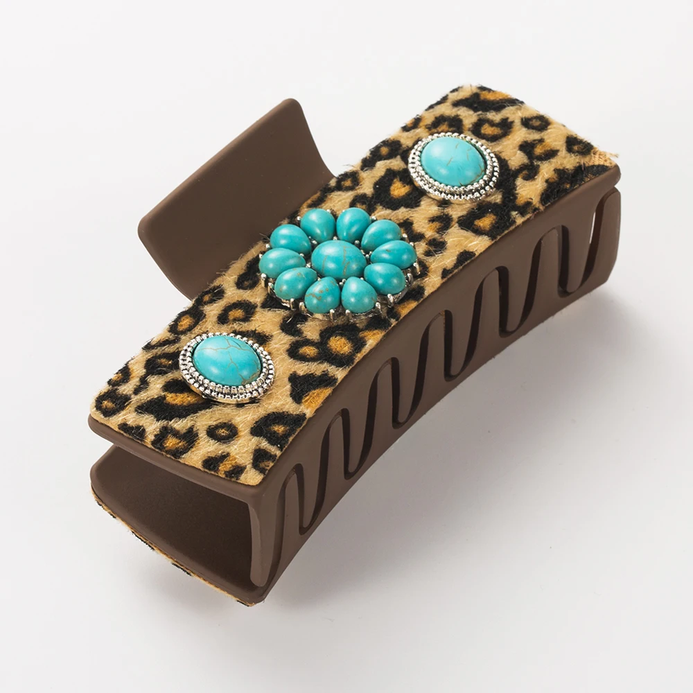 Leopard Pattern Shark Clip Alloy Turquoise Accessories Retro Leopard Pattern Leather Grab Clip Trendy Hair Accessories